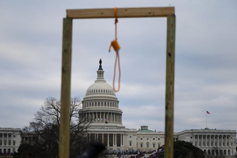 A noose is seen on makeshift gallows as supporters of US President Donald Trump gather on the West side of the US Capitol in Washington DC on January 6, 2021. 