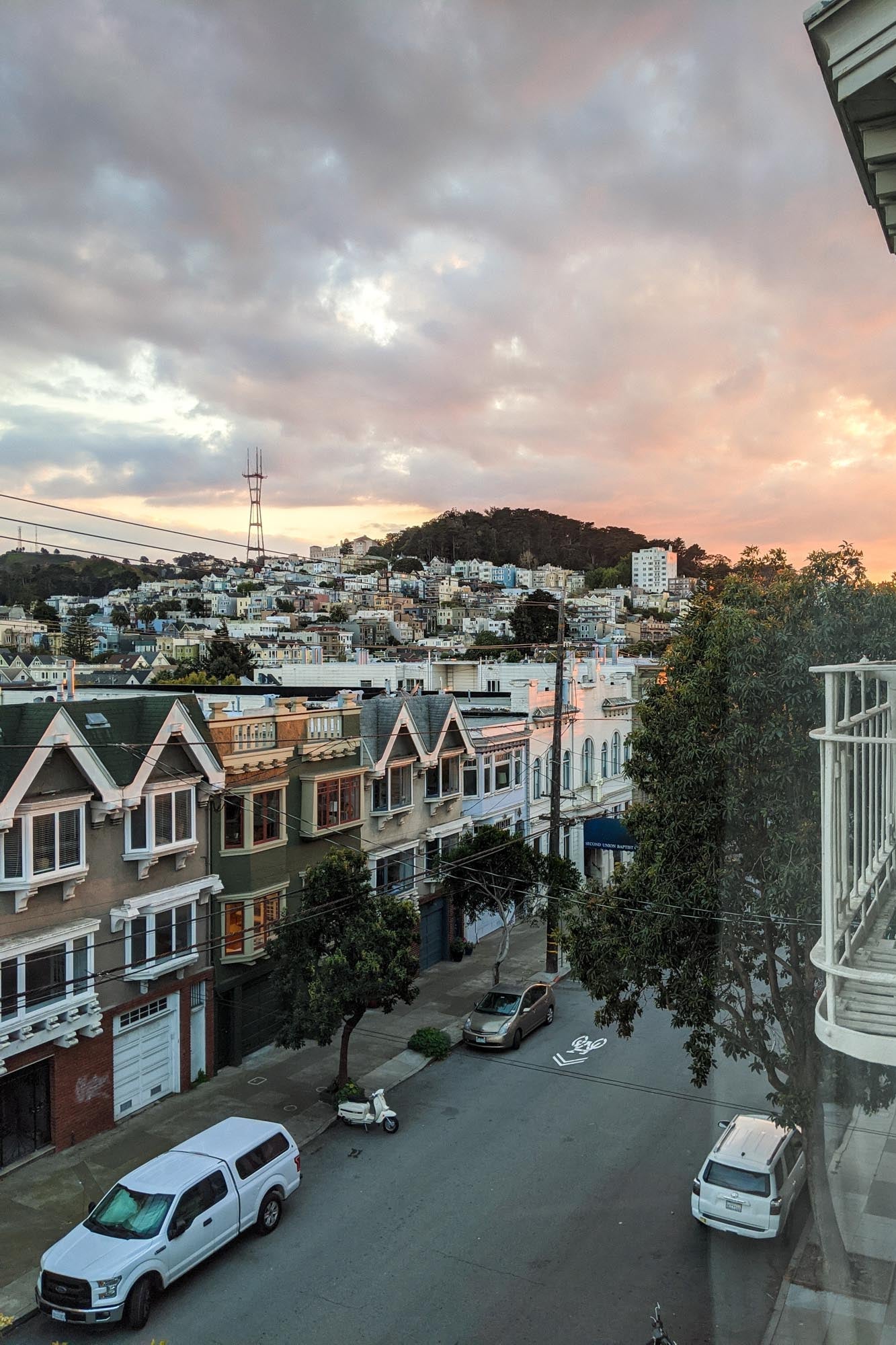 View of sunset over hills of San Francisco.