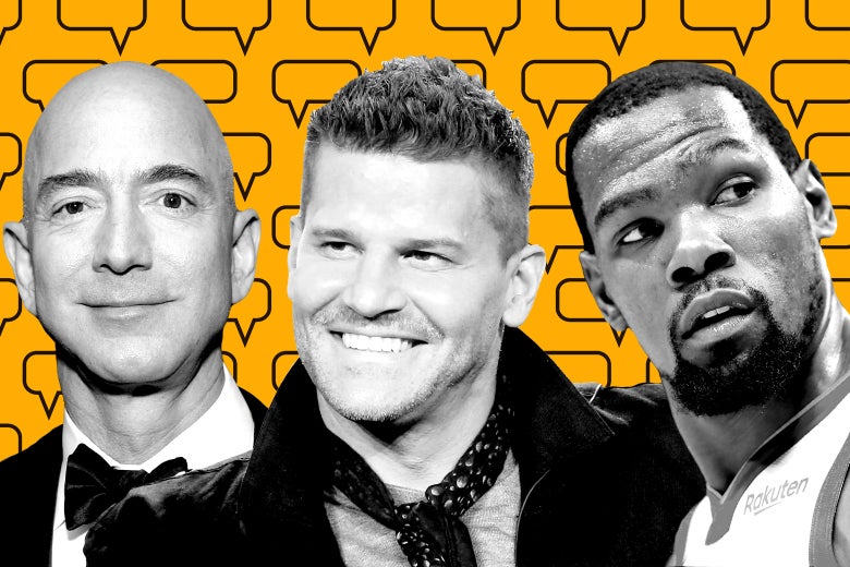 Photo illustration of known sexters Jeff Bezos, David Boreanaz, and Kevin Durant