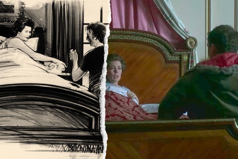 A drawing of Michael Fagan in the queen's quarters, and the scene as depicted in The Crown