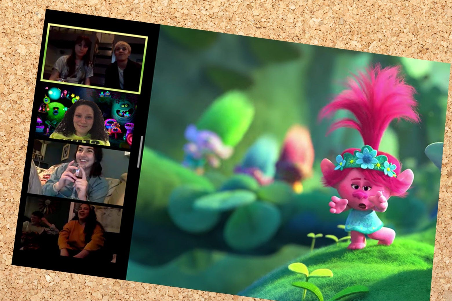 Leora and her friends watching Trolls on zoom. 