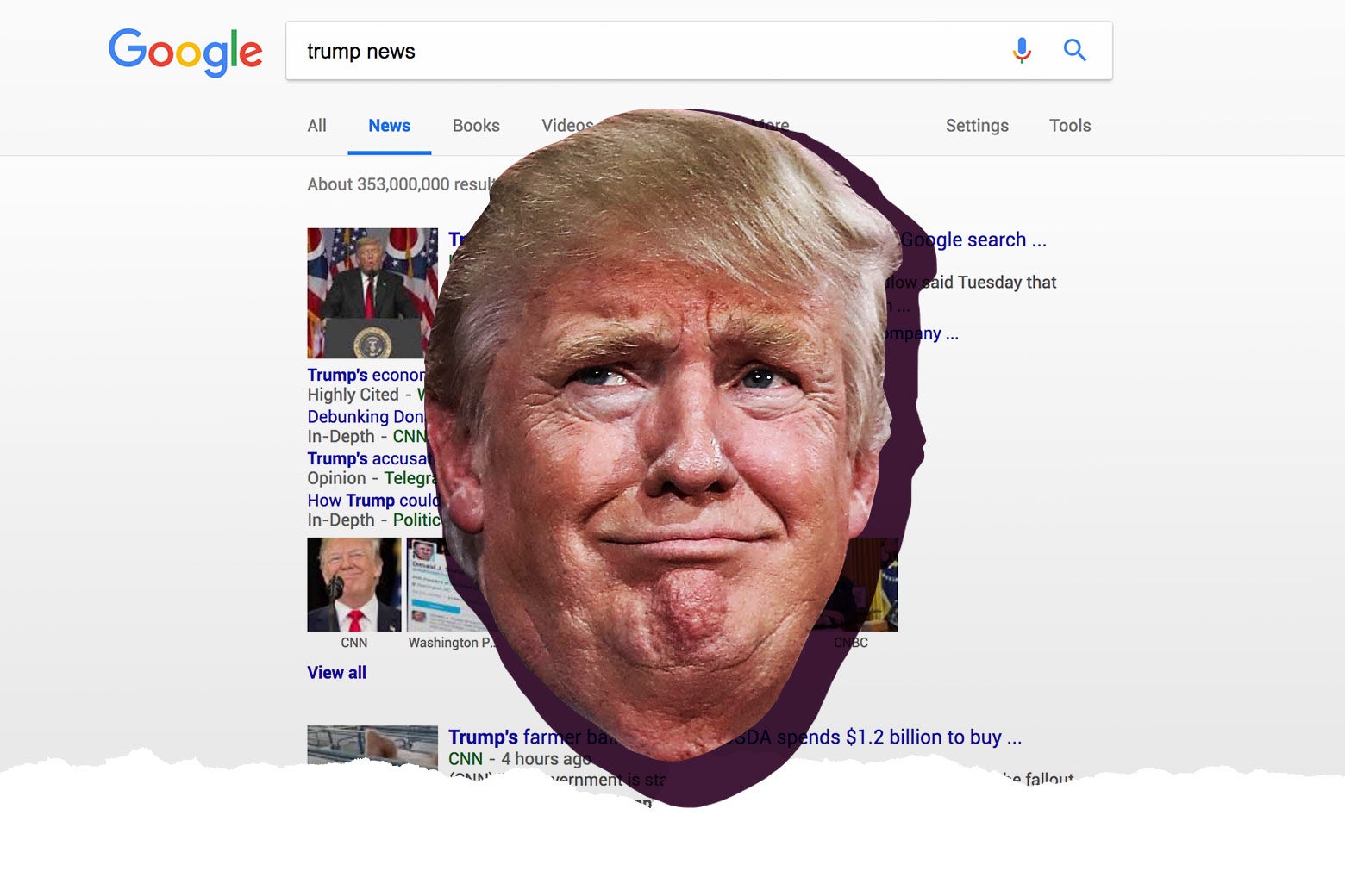 Photo illustration: Trump's face overlaid on Google search results for "Trump news."