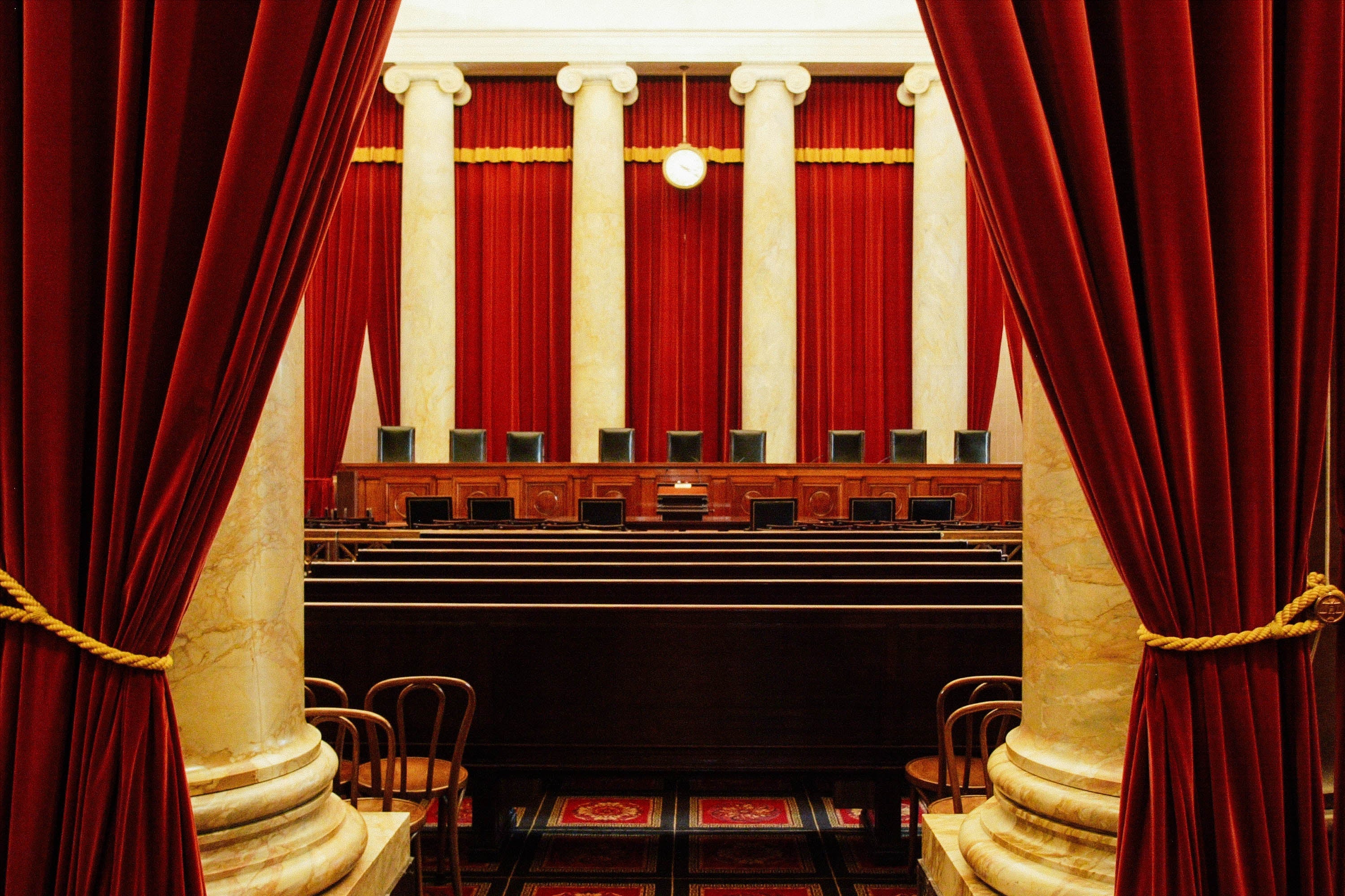 An interior view of the courtroom of the U.S. Supreme Court.