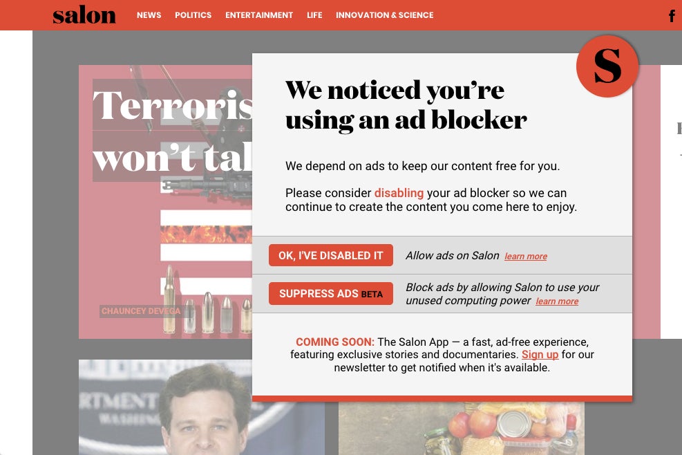 Salon’s offer to mine cryptocurrency, that reads at top "We notice you're using an ad blocker."
