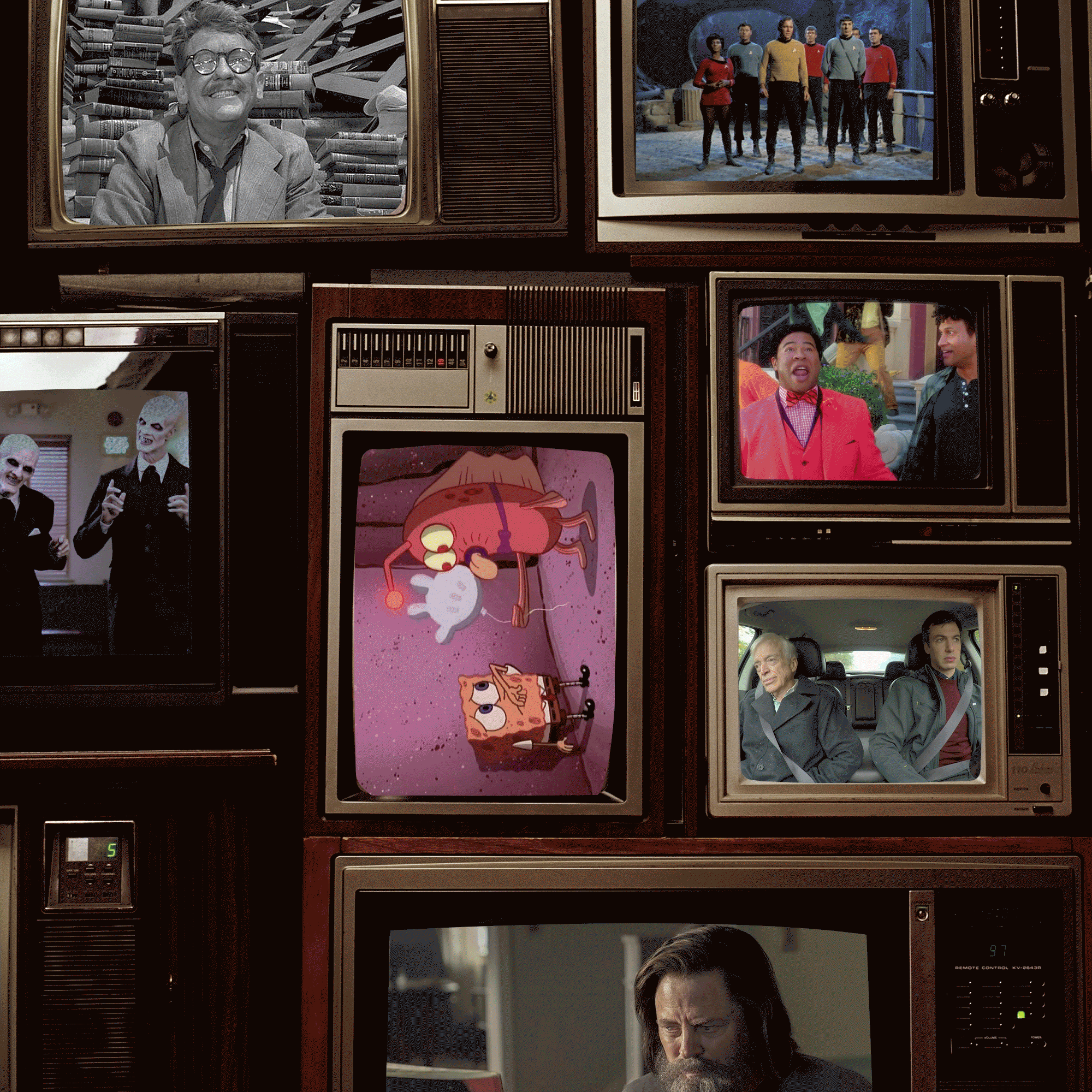 A series of old-fashioned TV sets flickering and displaying images from various television episodes.