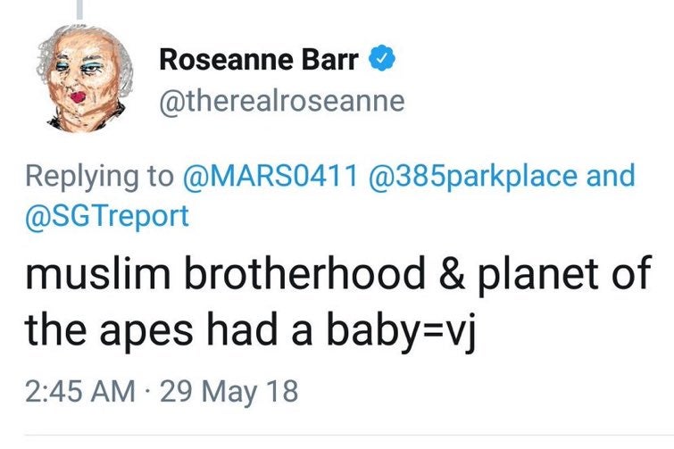 Roseanne Barr's racist tweet about former Obama advisor Valerie Jarrett.