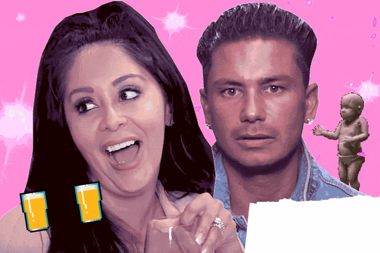 Snooki, Pauly D with animation of beer glasses clinking and babies dancing.