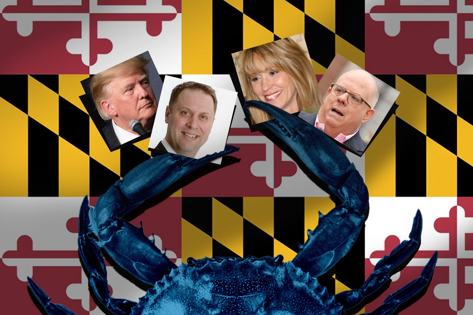 An illustration of a blue crab holding Donald Trump and Dan Cox in one pincer, and Larry Hogan and Kelly Schulz in the other.