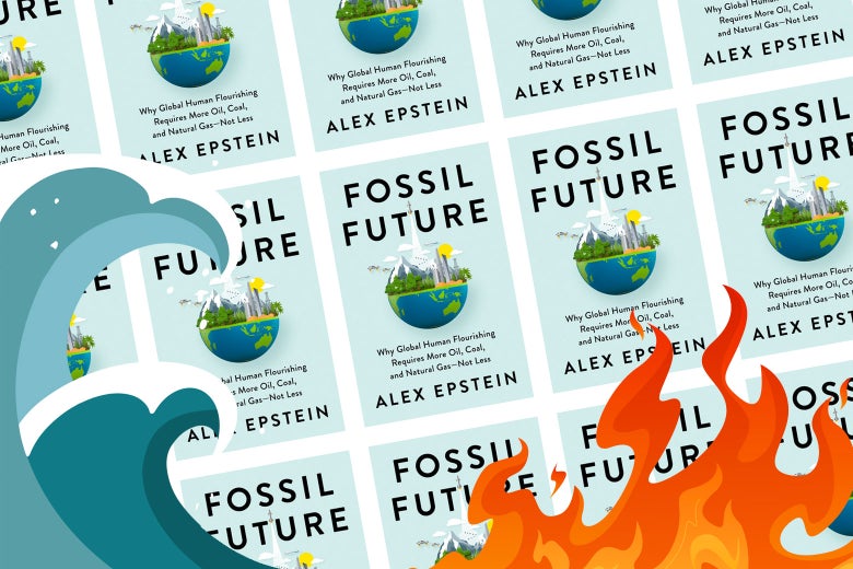 A cartoon wave and fire superimposed over a background of tiled Fossil Future book covers