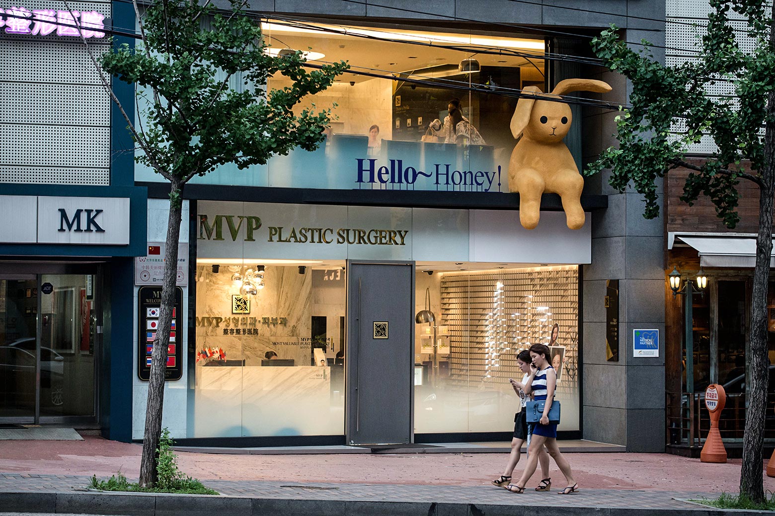 A storefront that says "Hello honey!" in large letters with a stuffed bunny sitting on the window sill, and below that, "MVP Plastic Surgery."