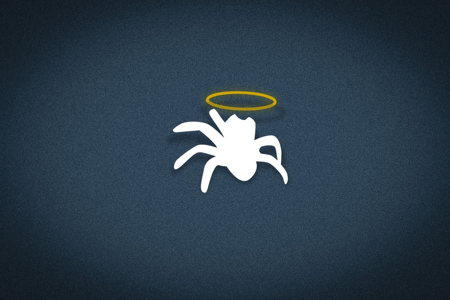 White silhouette of a crab with a halo over it