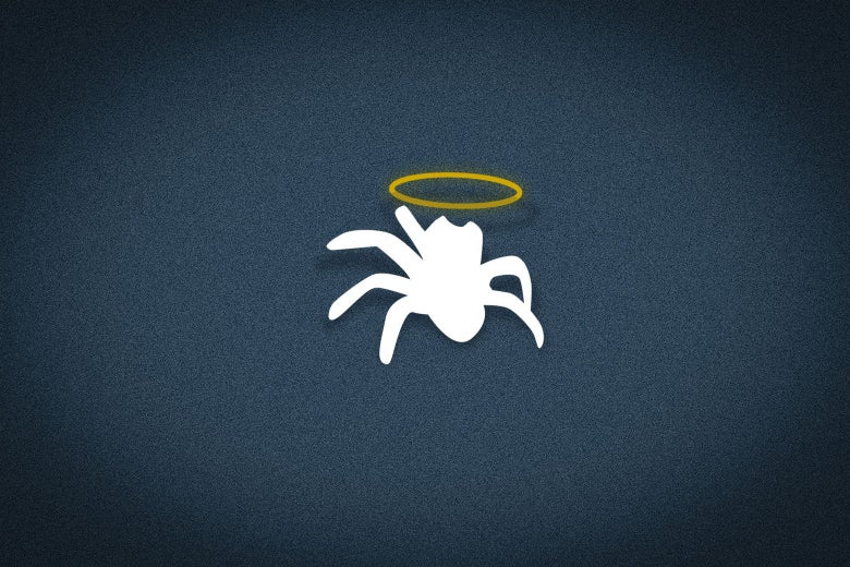 White silhouette of a crab with a halo over it