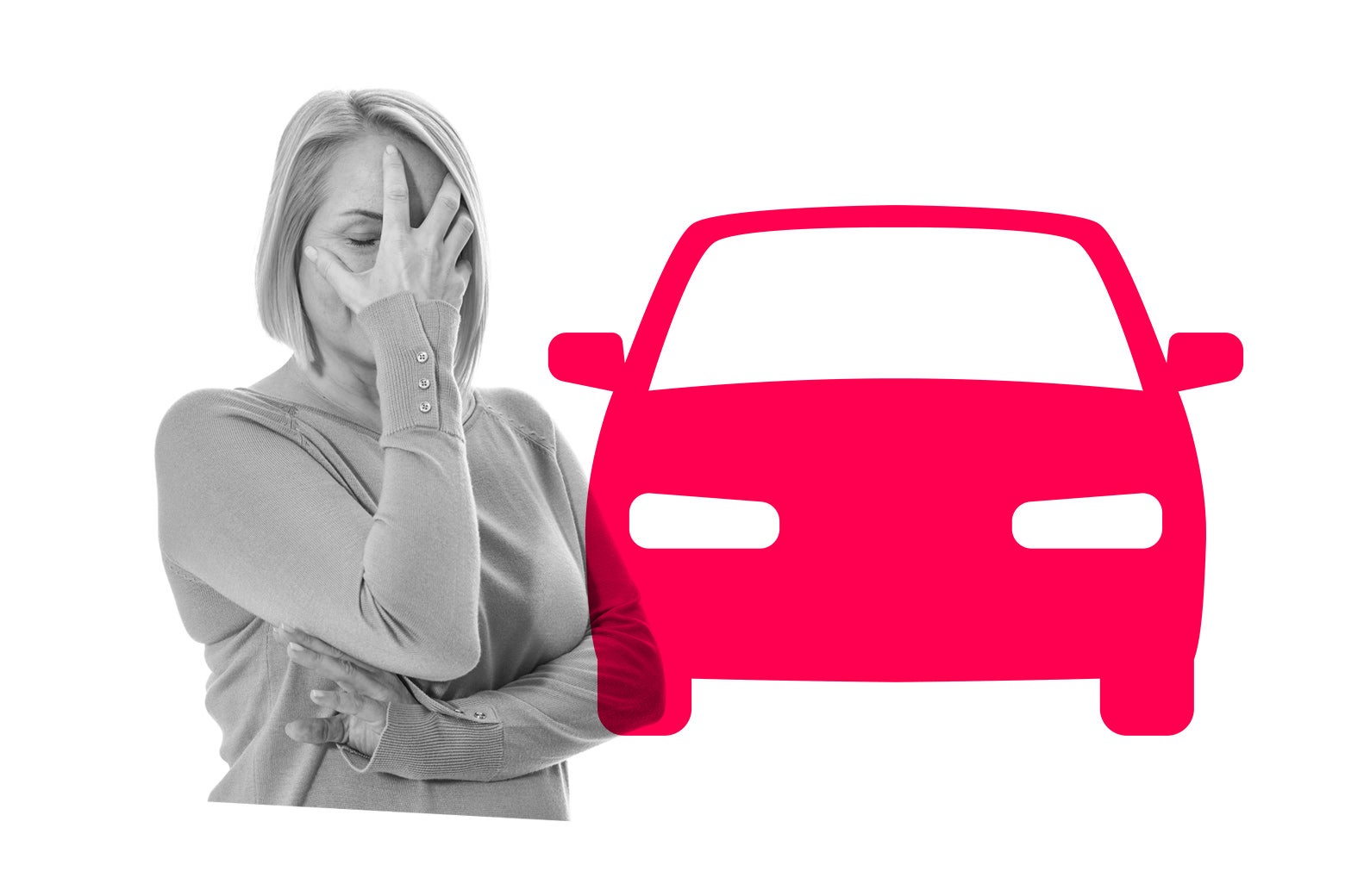 A person covers their face with their hand next to an illustrated car.