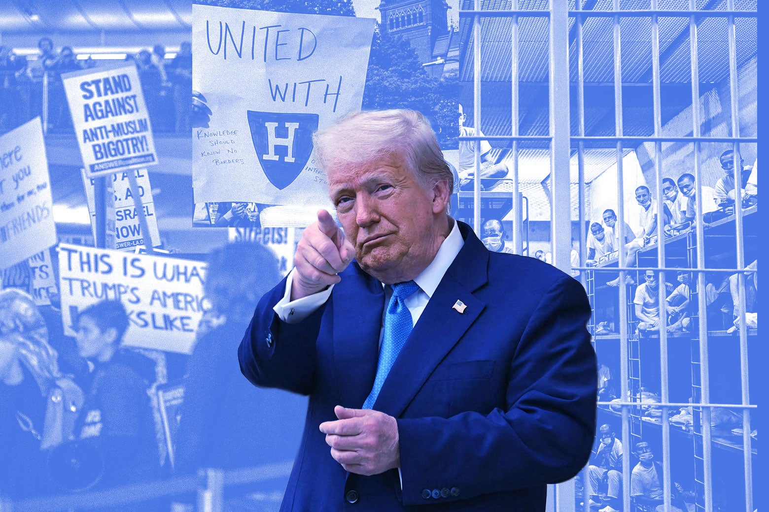 A photo collage of Donald Trump with a 2017 protest against the Muslim ban, an image of El Salvador’s CECOT prison, and an image of a Harvard solidarity protest sign in the background.