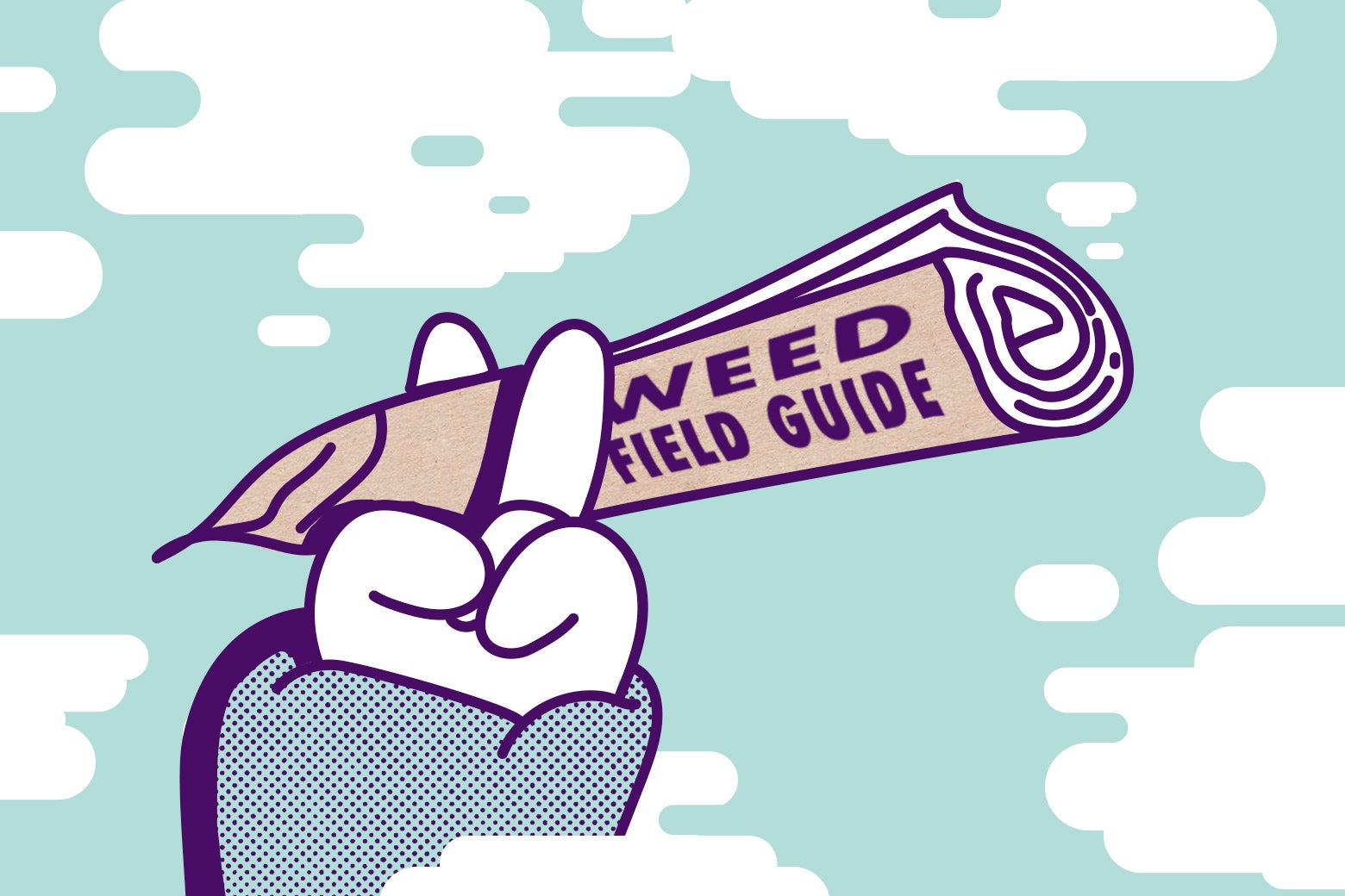 Two fingers forming a peace sign and cradling a jointlike pamphlet titled Weed Field Guide, surrounded by marijuana smoke.
