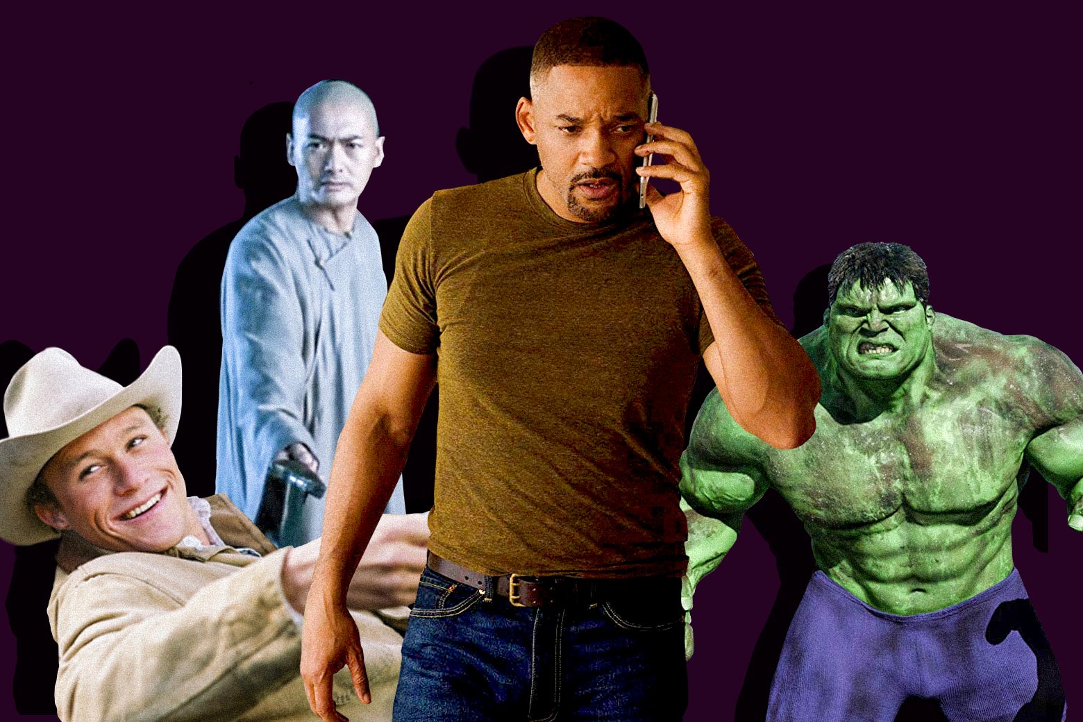Heath Ledger in Brokeback Mountain, Chow Yun-Fat in Crouching Tiger, Hidden Dragon, Will Smith in Gemini Man, and Eric Bana in Hulk.