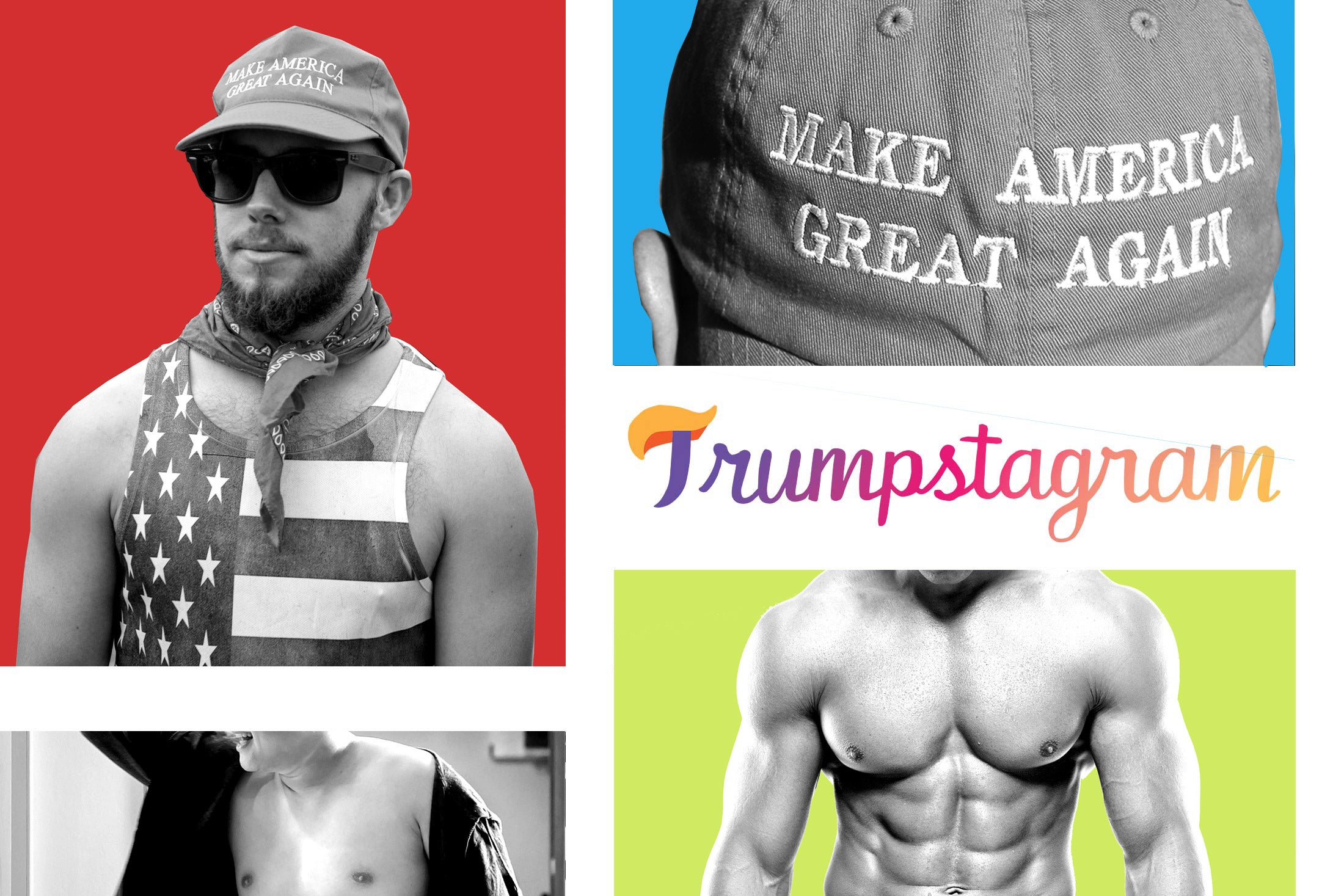 Photo illustration: Shirtless men, a MAGA hat, and the Trumpstagram logo.