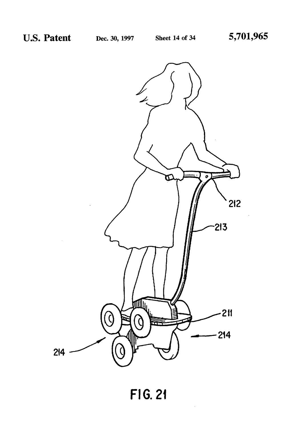 A patent application drawing of a woman on a scooter.