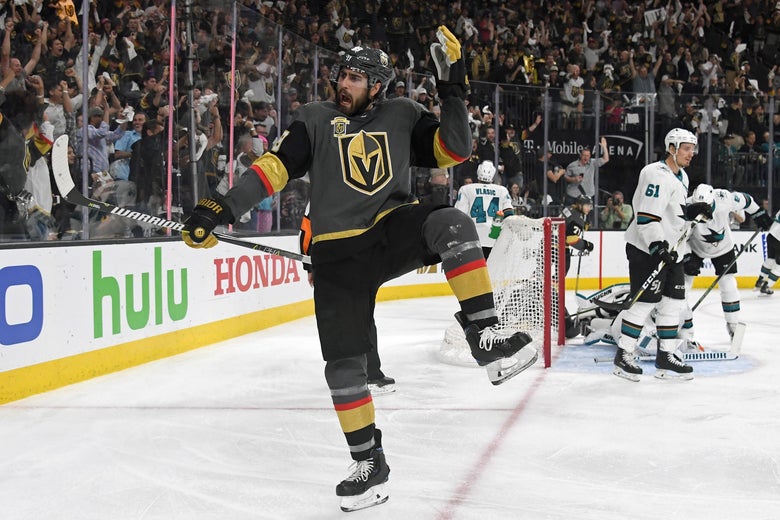 LAS VEGAS, NV - MAY 04:  Alex Tuch #89 of the Vegas Golden Knights reacts after scoring a power-play goal against the San Jose Sharks in the second period of Game Five of the Western Conference Second Round during the 2018 NHL Stanley Cup Playoffs at T-Mobile Arena on May 4, 2018 in Las Vegas, Nevada.  (Photo by Ethan Miller/Getty Images)