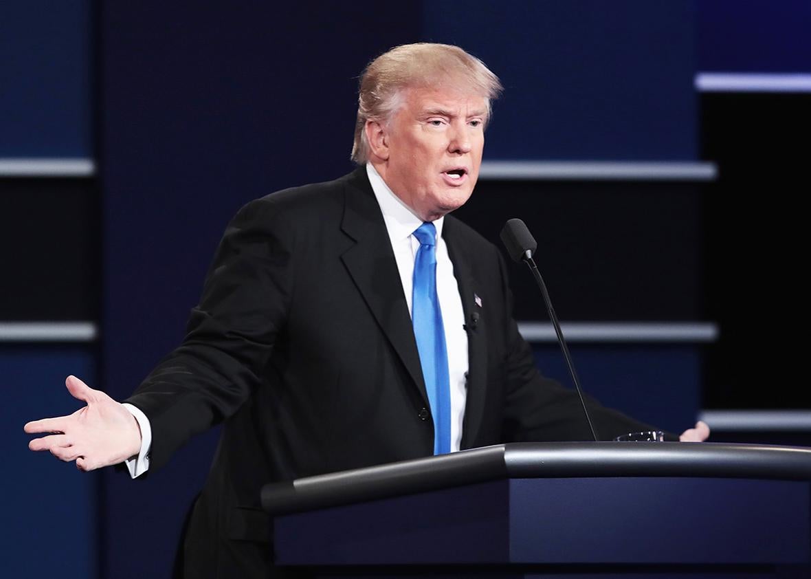 Republican presidential nominee Donald Trump speaks during the Presidential Debate at Hofstra University on September 26, 2016 in Hempstead, New York.  