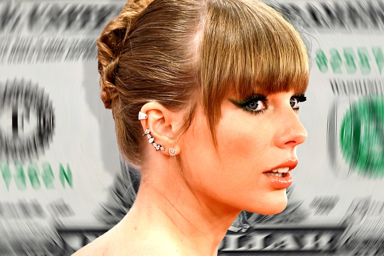 Taylor Swift with an up-do, bangs, and a shart cat eye silhouetted on a motion blurred dollar bill. 