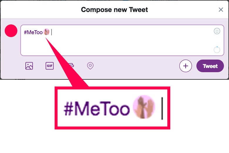 Screenshot of Twitter's #MeToo emoji, normal size and zoomed in