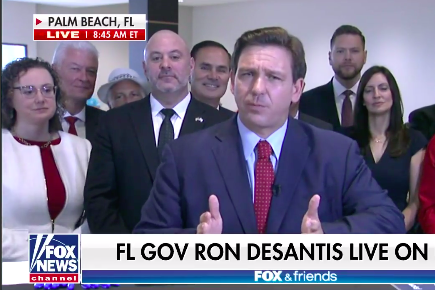 DeSantis, on screen with the Fox News chyron, does an interview with Fox and Friends about the new law.