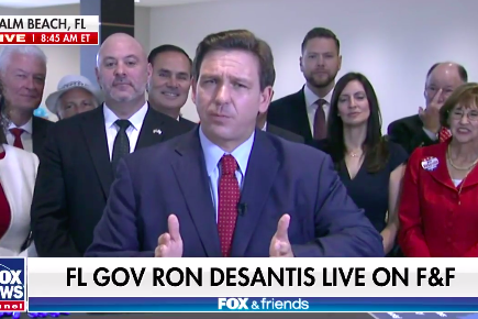DeSantis, on screen with the Fox News chyron, does an interview with Fox and Friends about the new law.