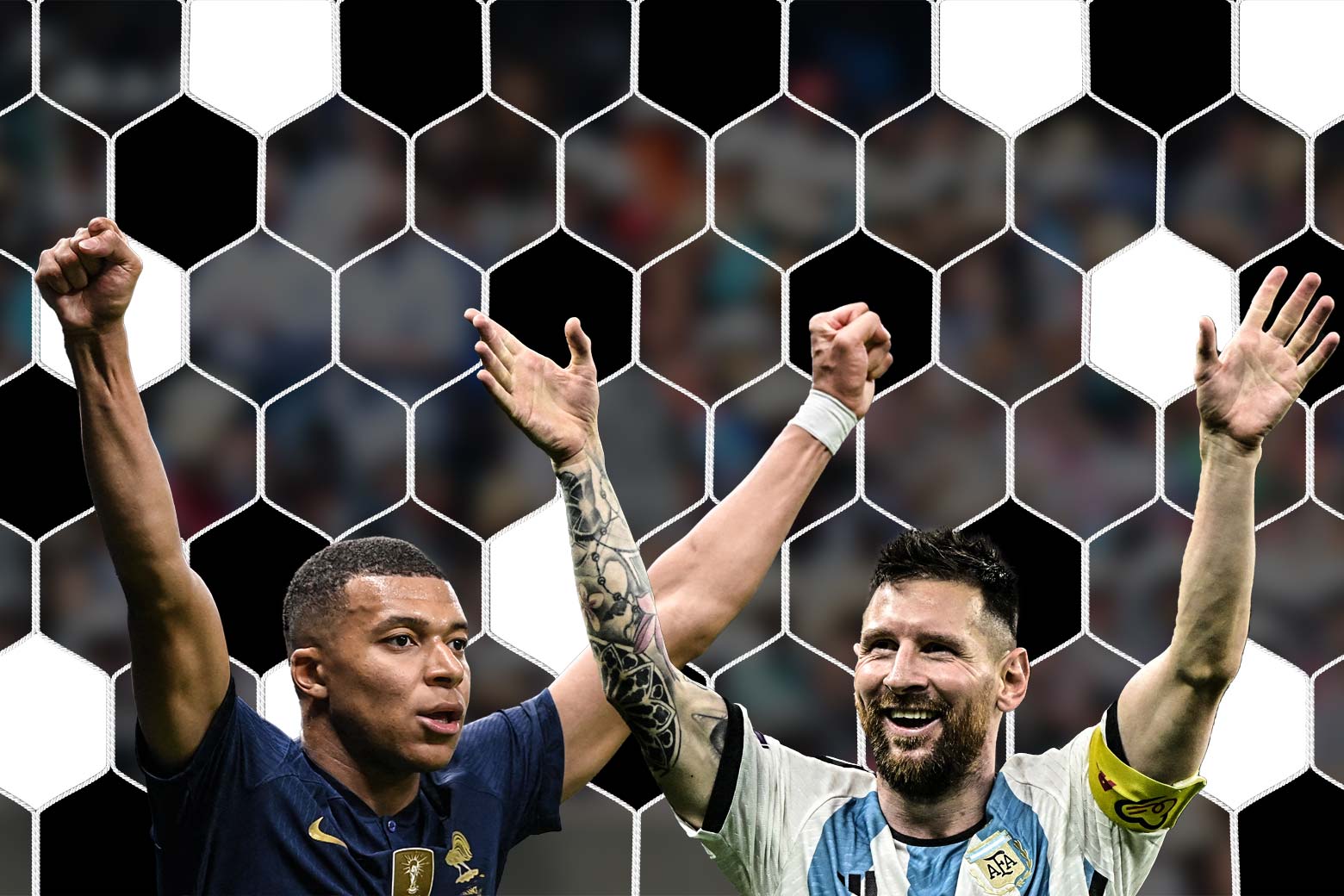 Kylian Mbappé and Lionel Messi celebrate with both their arms raised, a soccer-net scrim illustrated behind them