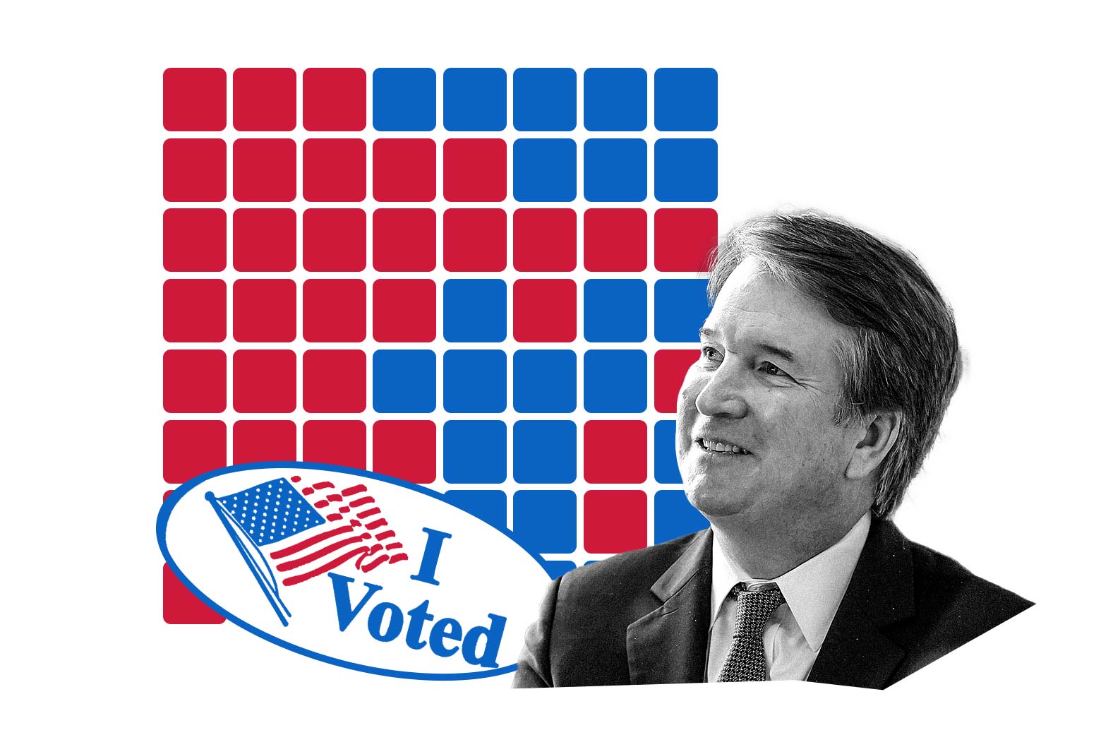 In a photo illustration, Brett Kavanaugh smiles next to a blue and red grid and an "I Voted" sticker.