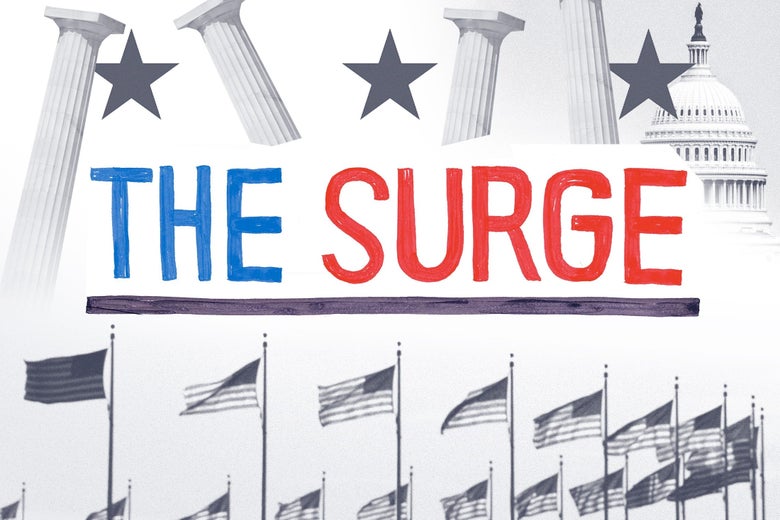 The words The Surge surrounded by American flags, columns, and the U.S. Capitol.