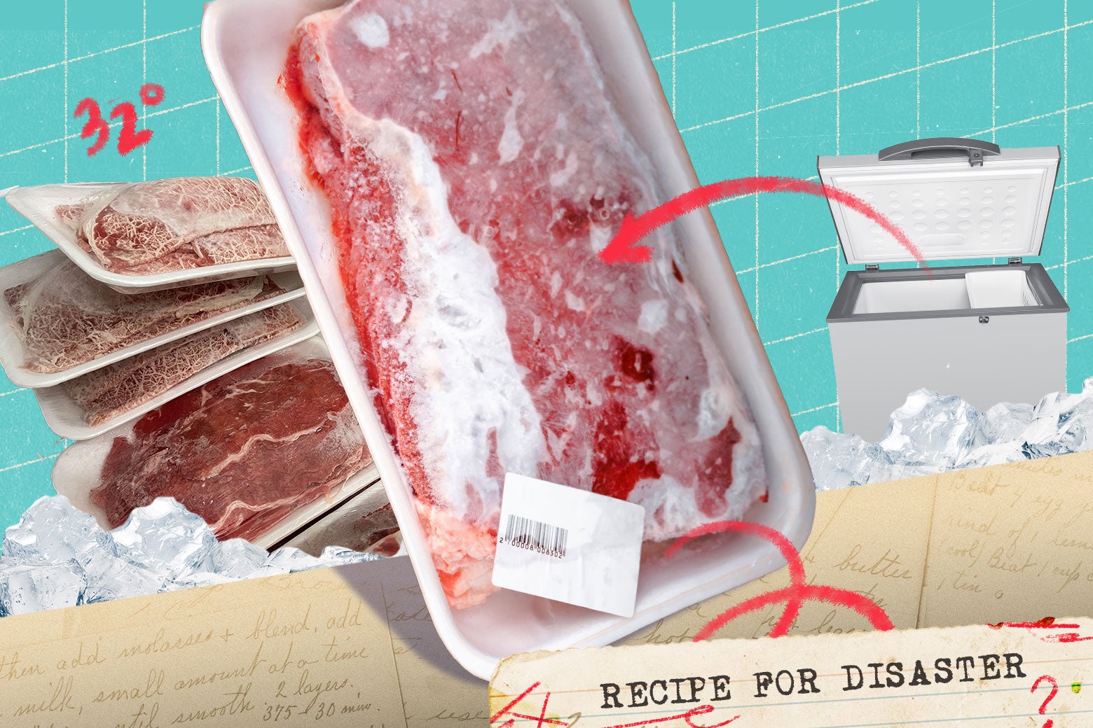 Frozen meat out of the freezer, with the words "Recipe for Disaster" in the bottom right.