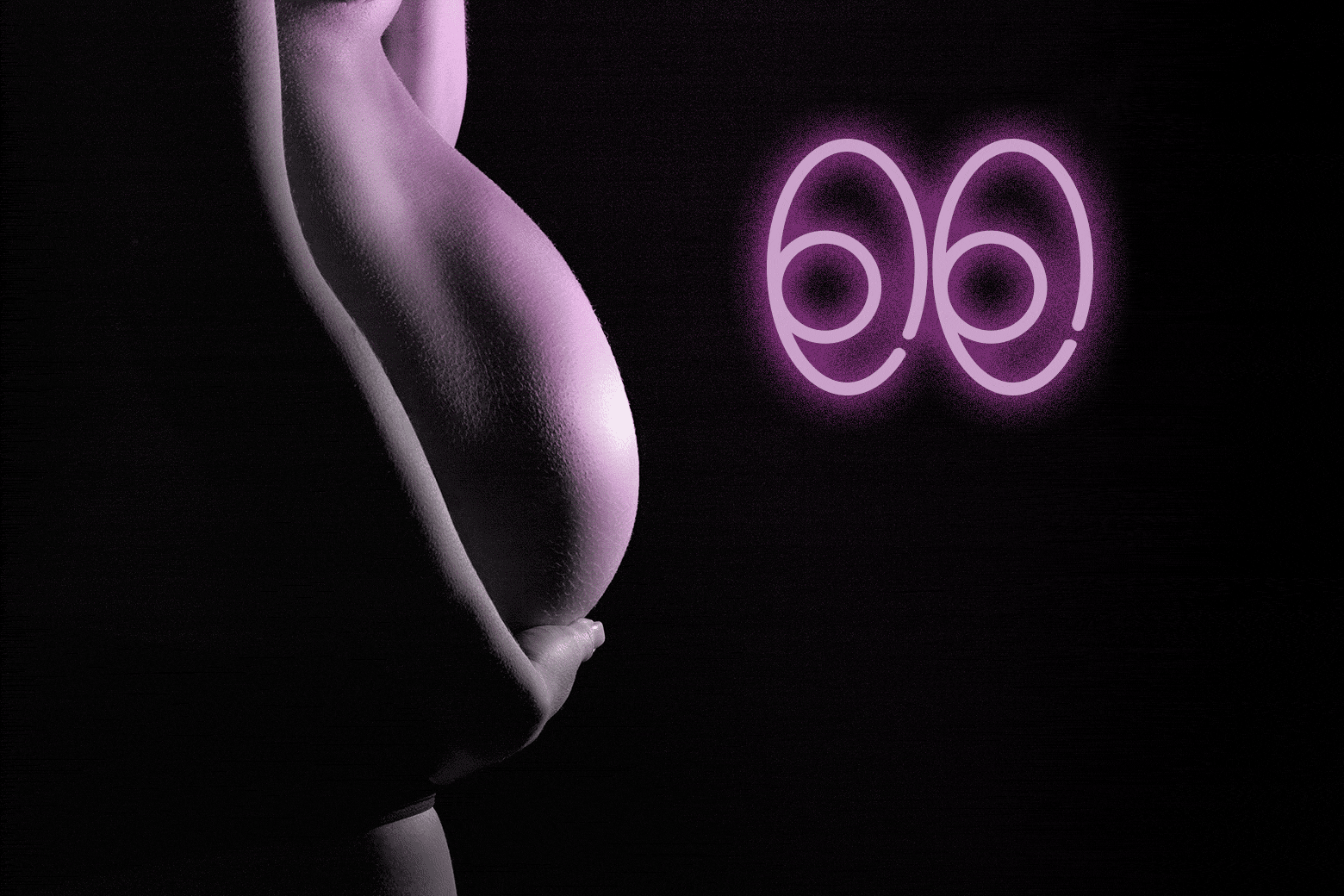 The belly of a pregnant woman bathed in the light of two shifty neon eyes.