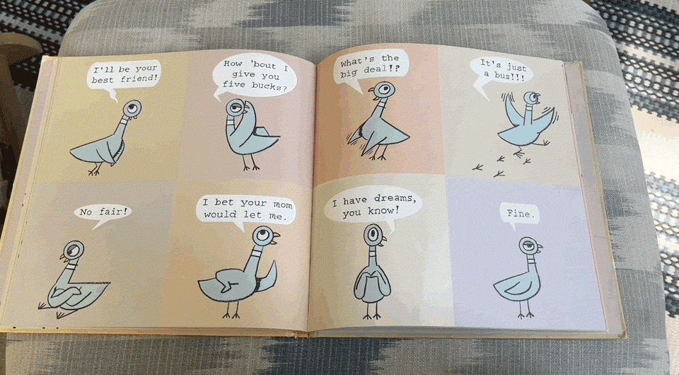 The page turning over the initial spread to a very upset-looking Pigeon screaming, "LET ME DRIVE THE BUS!"