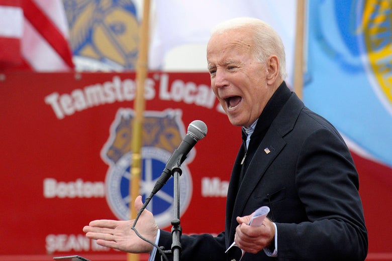 Former Vice President Joe Biden speaks at a rally organized by UFCW Union members at the Stop and Shop in Dorchester, Massachusetts on April 18.