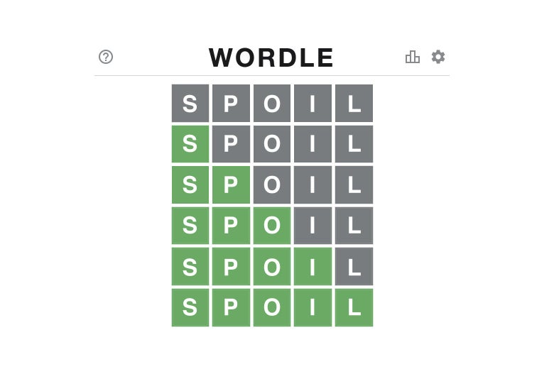 A Wordle grid with the word SPOIL in all six lines and an additional green box in each successive line until all the boxes are green