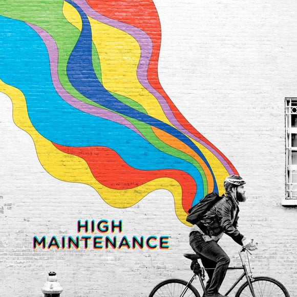 Title card for High Maintenance, featuring the main character biking with colorful graffiti behind him.