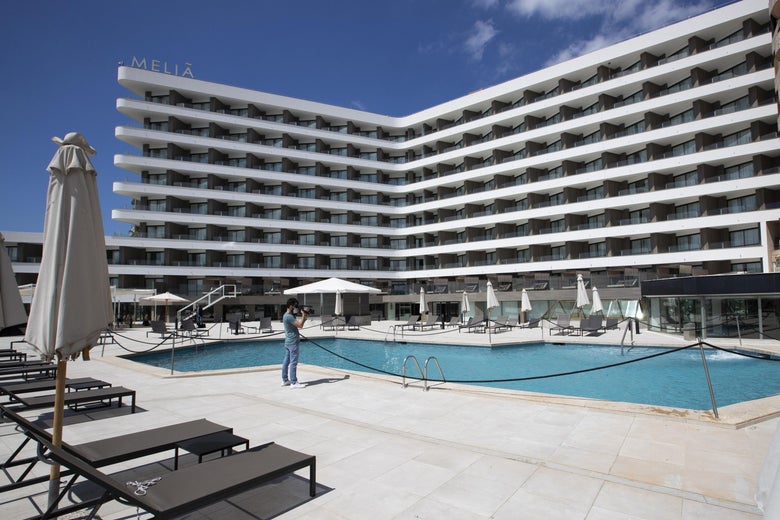 An empty hotel swimming pool in Palma de Mallorca, Spain
