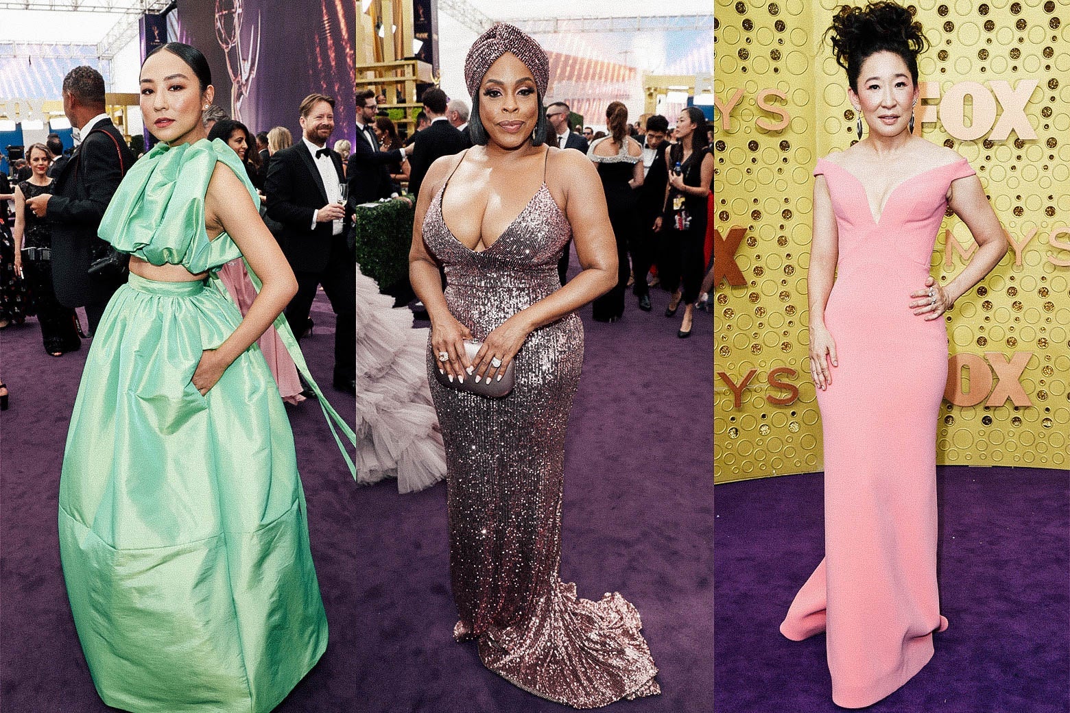 Greta Lee, Niecy Nash, and Sandra Oh on the Emmys red carpet.