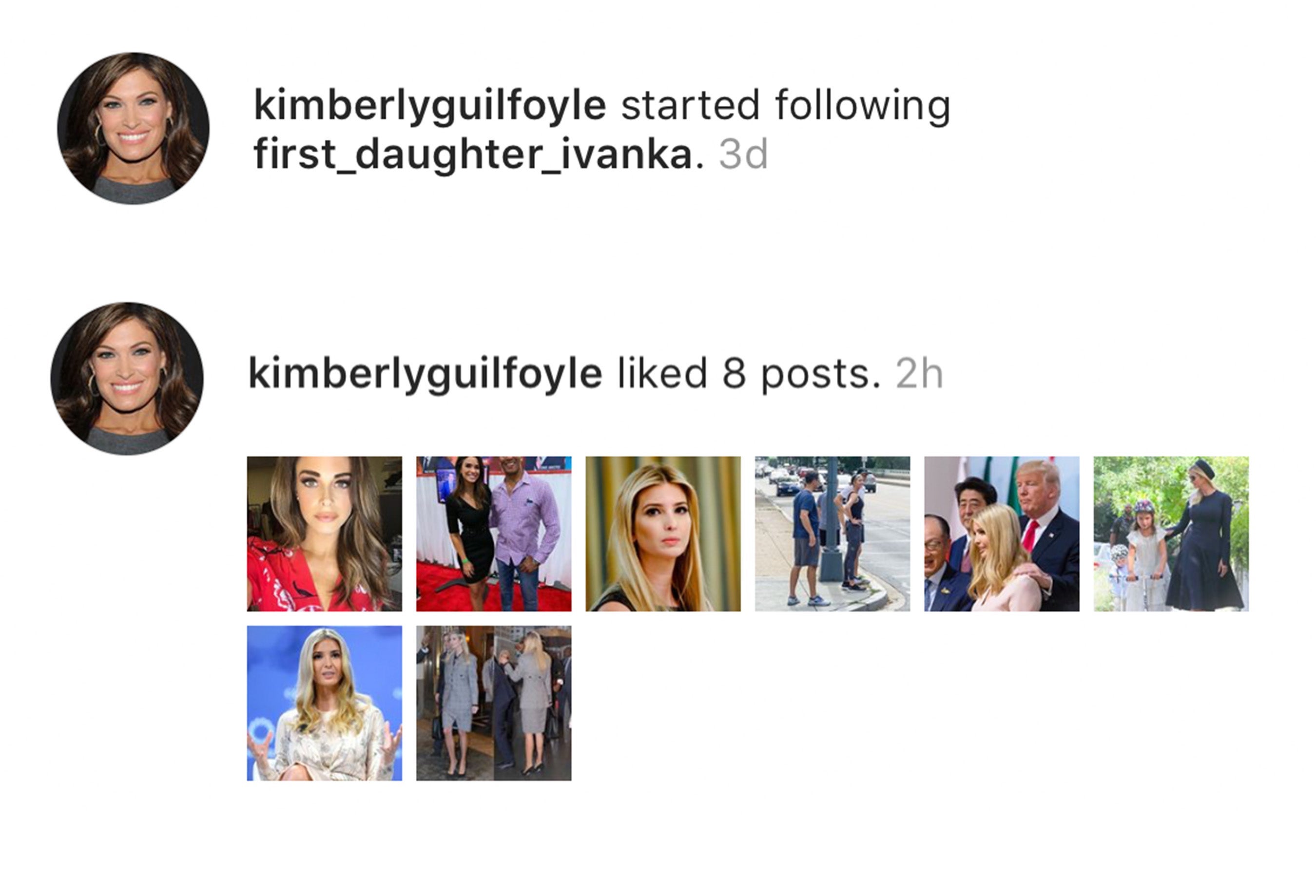 Kim Guilfoyle faves photos from various Ivanka fan accounts