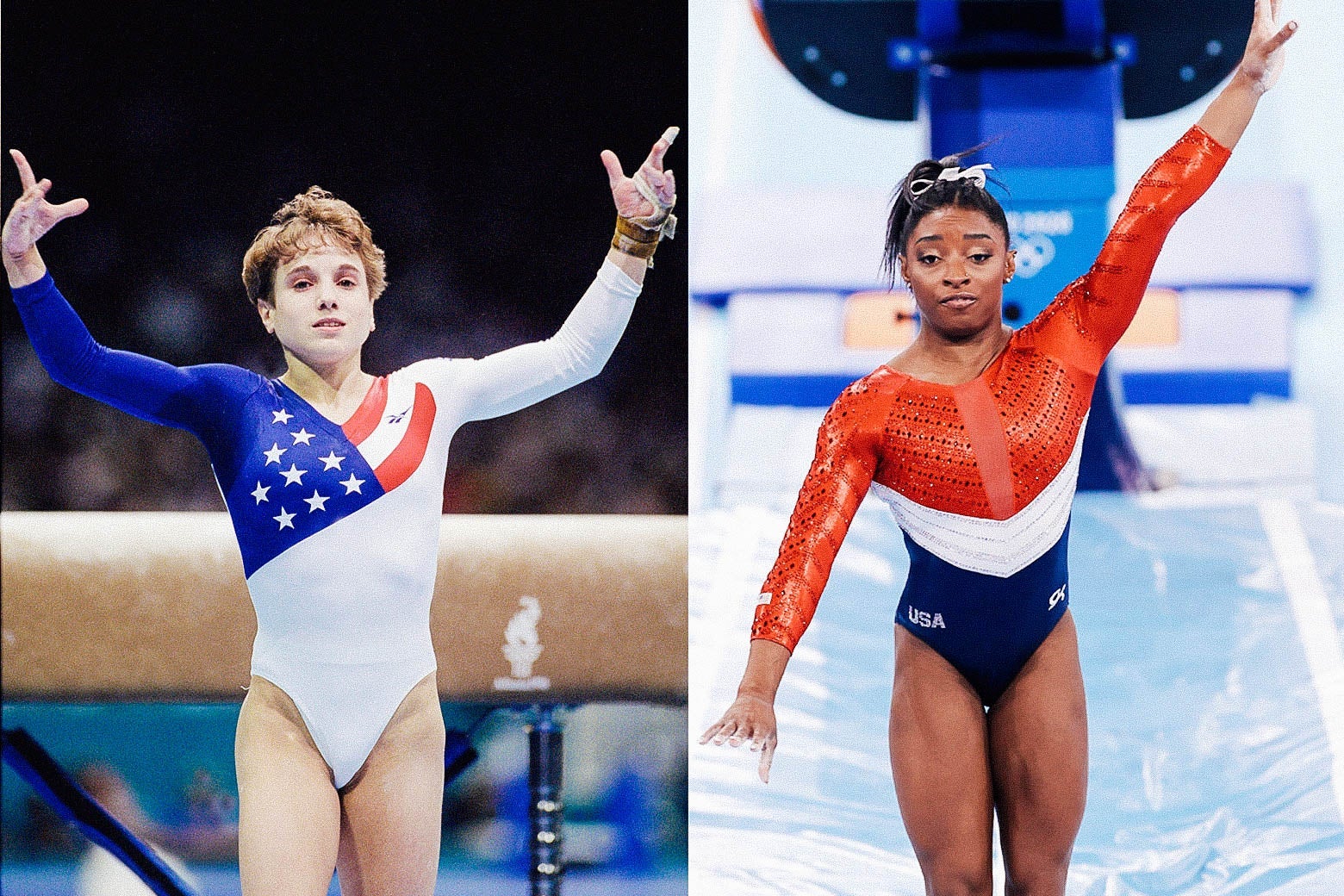 Left: Kerri Strug standing legs together with both arms raised after vaulting. Right: Simone Biles also with legs together, her left arm raised and right arm down and out beside her, also after vaulting. 
