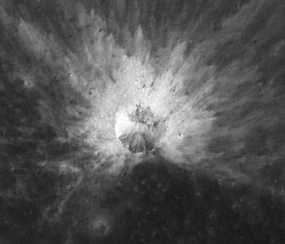 Asymmetric lunar crater, from a shallow impact.