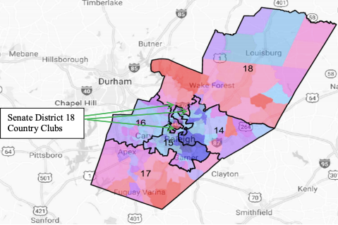 An example of North Carolina's gerrymander. Republicans drew Senate District 18 to encompass three country clubs and their surrounding, GOP-leaning communities. 