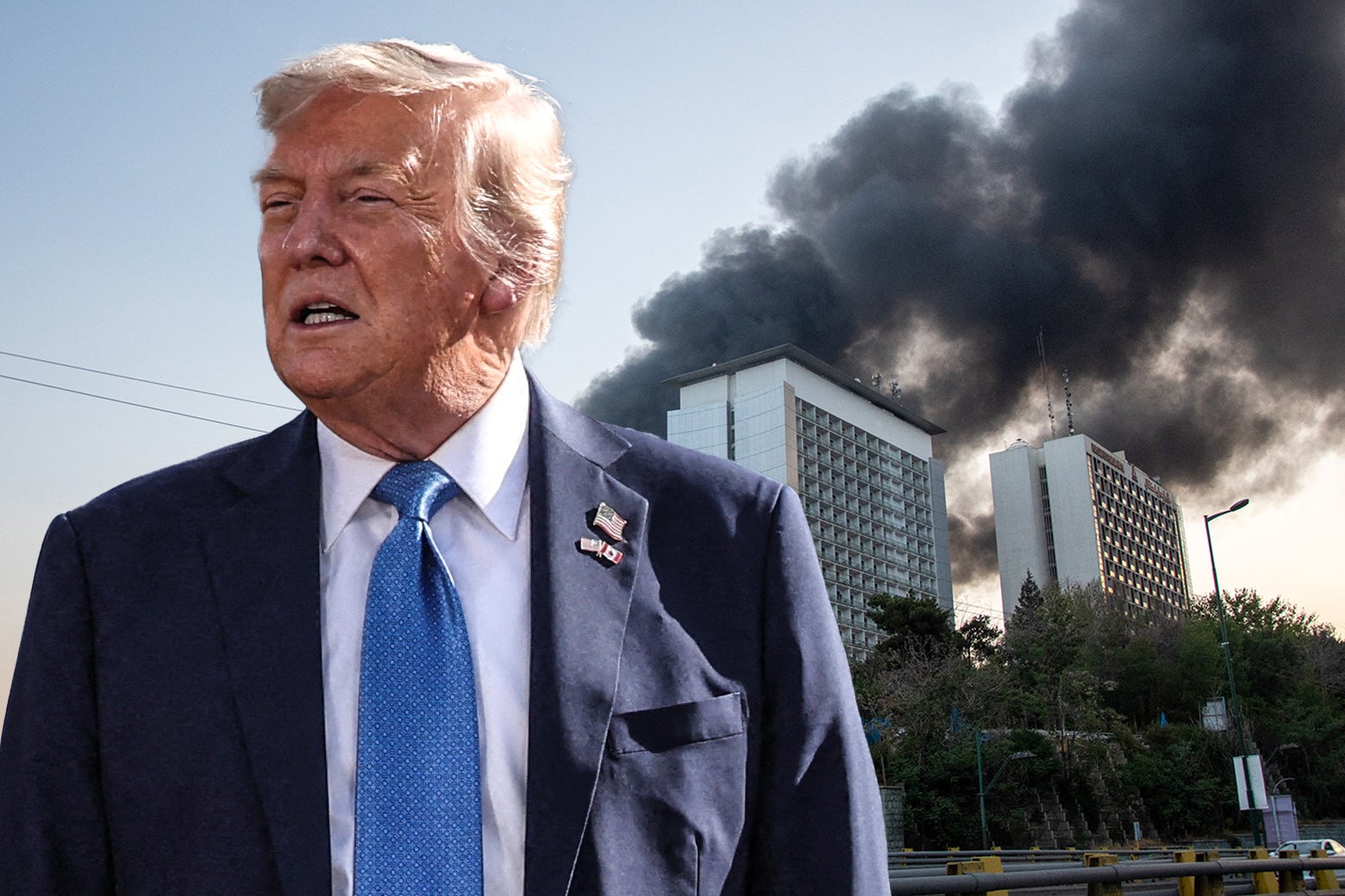 A photo illustration of Trump in the foreground and an Iranian state media building that had been hit by an Israeli airstrike in the background.