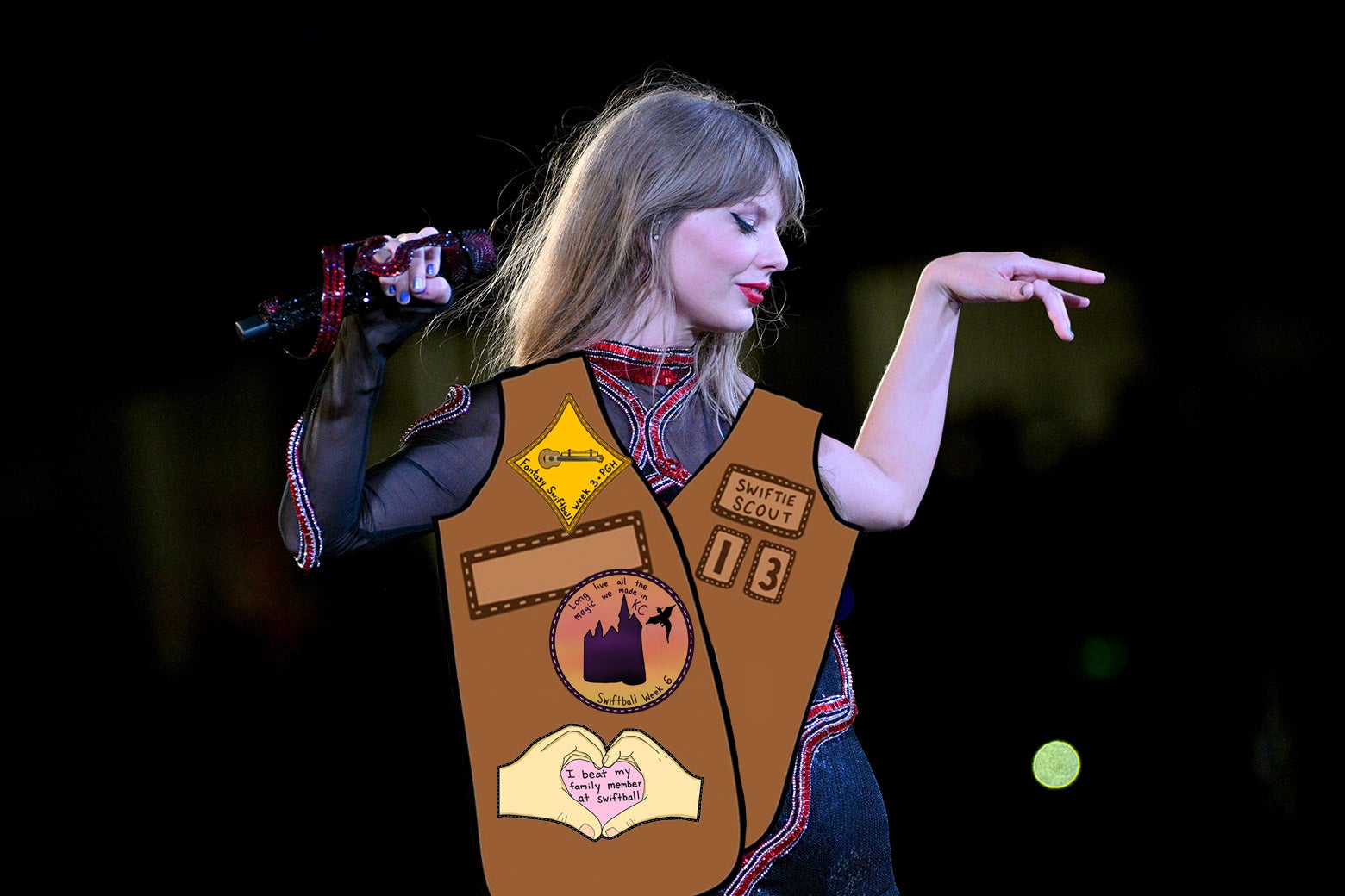 Taylor Swift with a photoshopped vest covered with Swiftball badges.