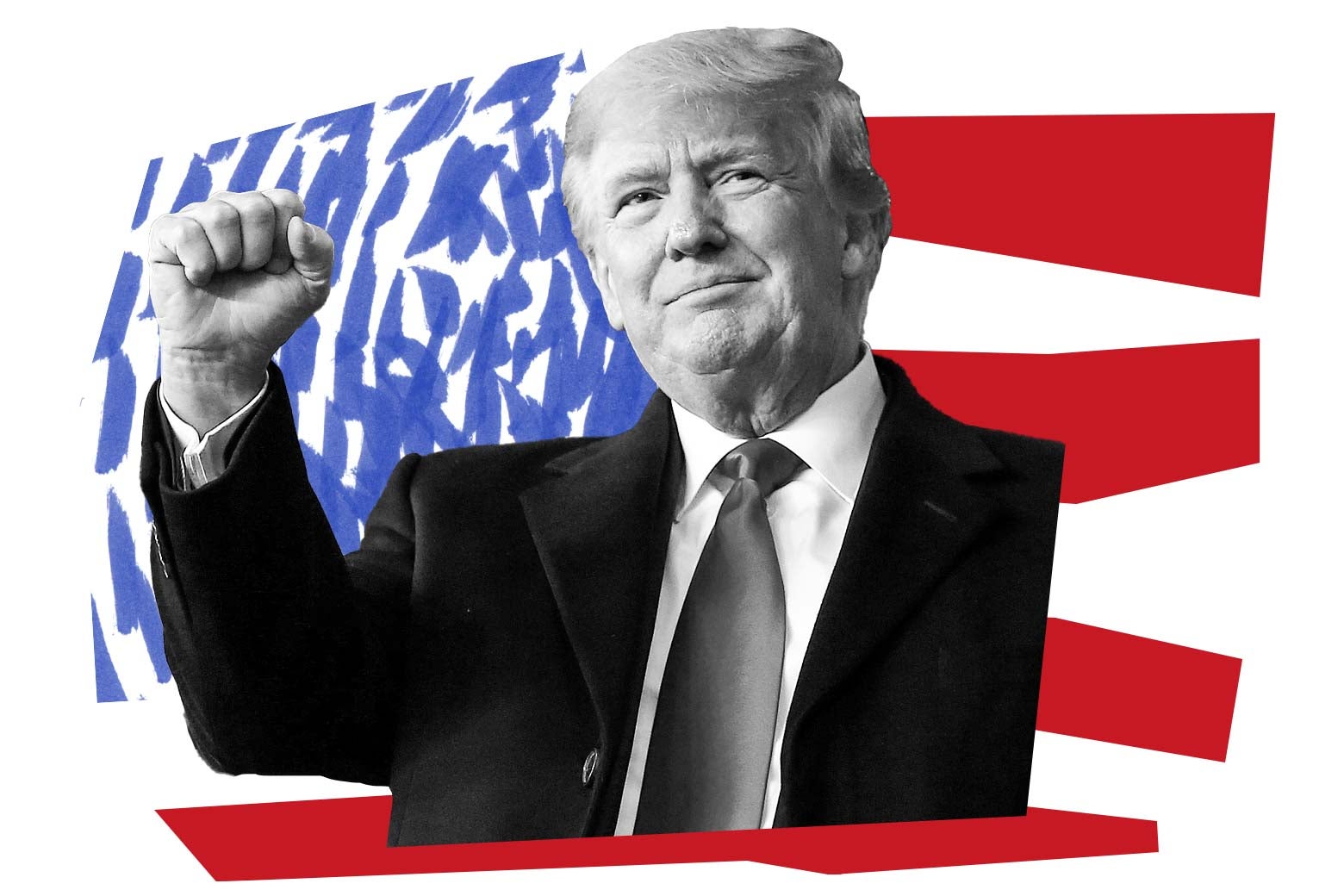 Donald Trump holds up a fist while standing in front of a shattered U.S. flag.