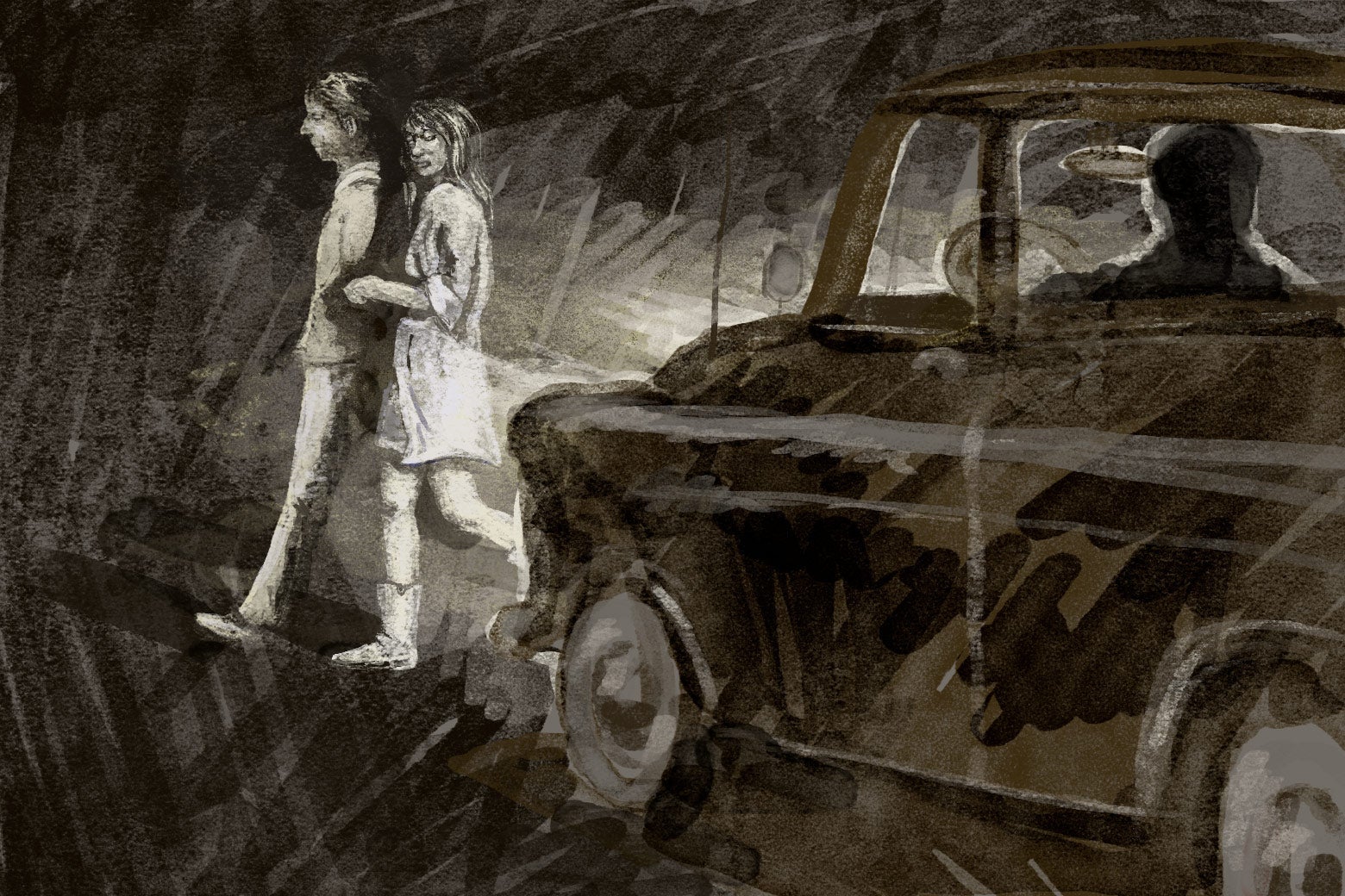 Night scene of a man and woman walking in the headlights of a truck driven by a man in shadow. Only the woman turns back to look at the truck.