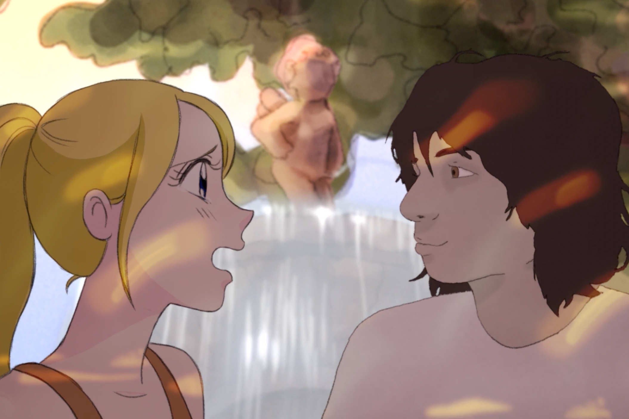 A scene from My Year of Dicks shows a blonde girl with starry anime eyes on the left talking to a more traditionally animated handsome teen boy with shaggy brown hair