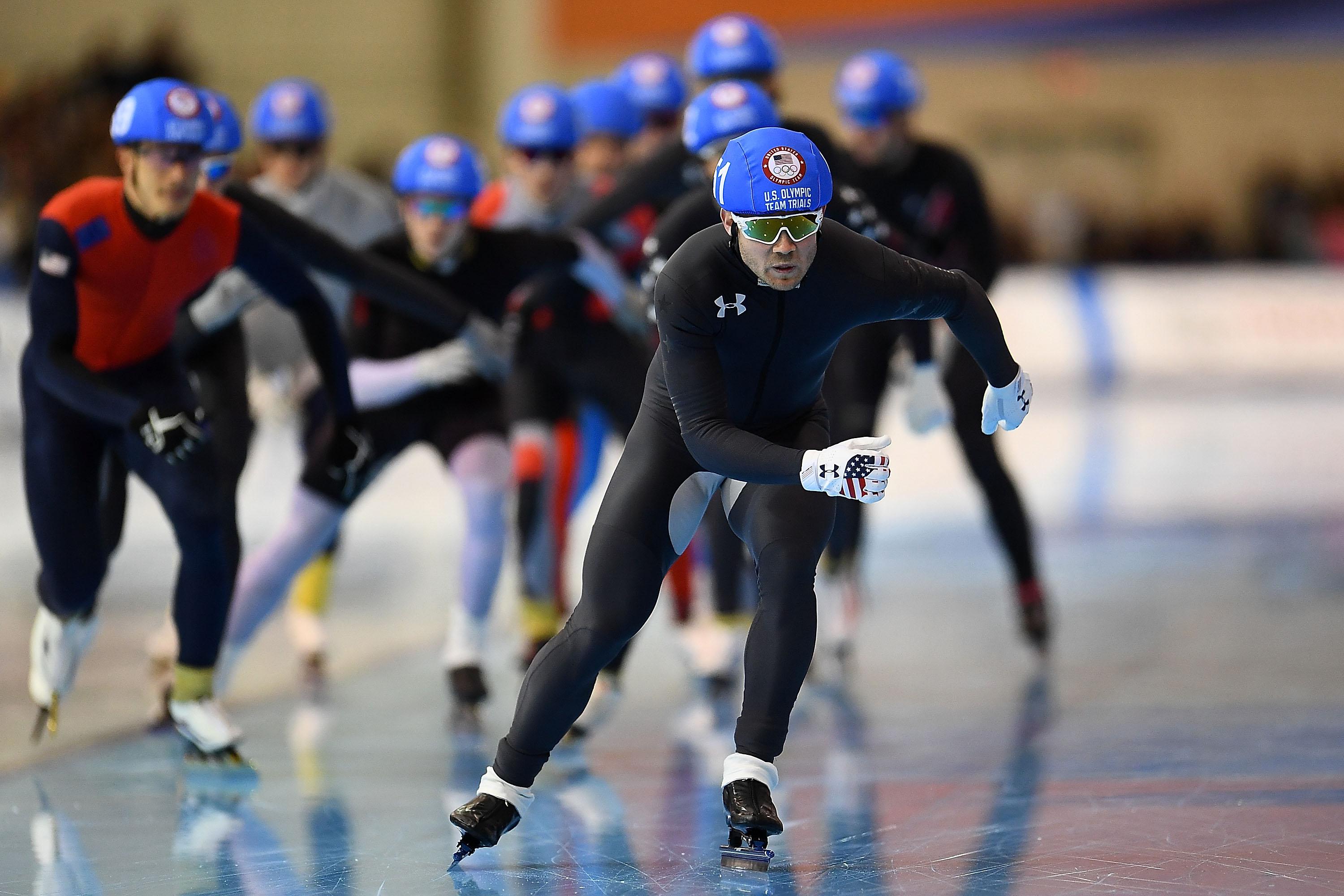 Joey Mantia leads a group of skaters in the men’s mass start event during the Long Track Speed Skating Olympic Trials at the Pettit National Ice Center on Jan. 7 in Milwaukee.