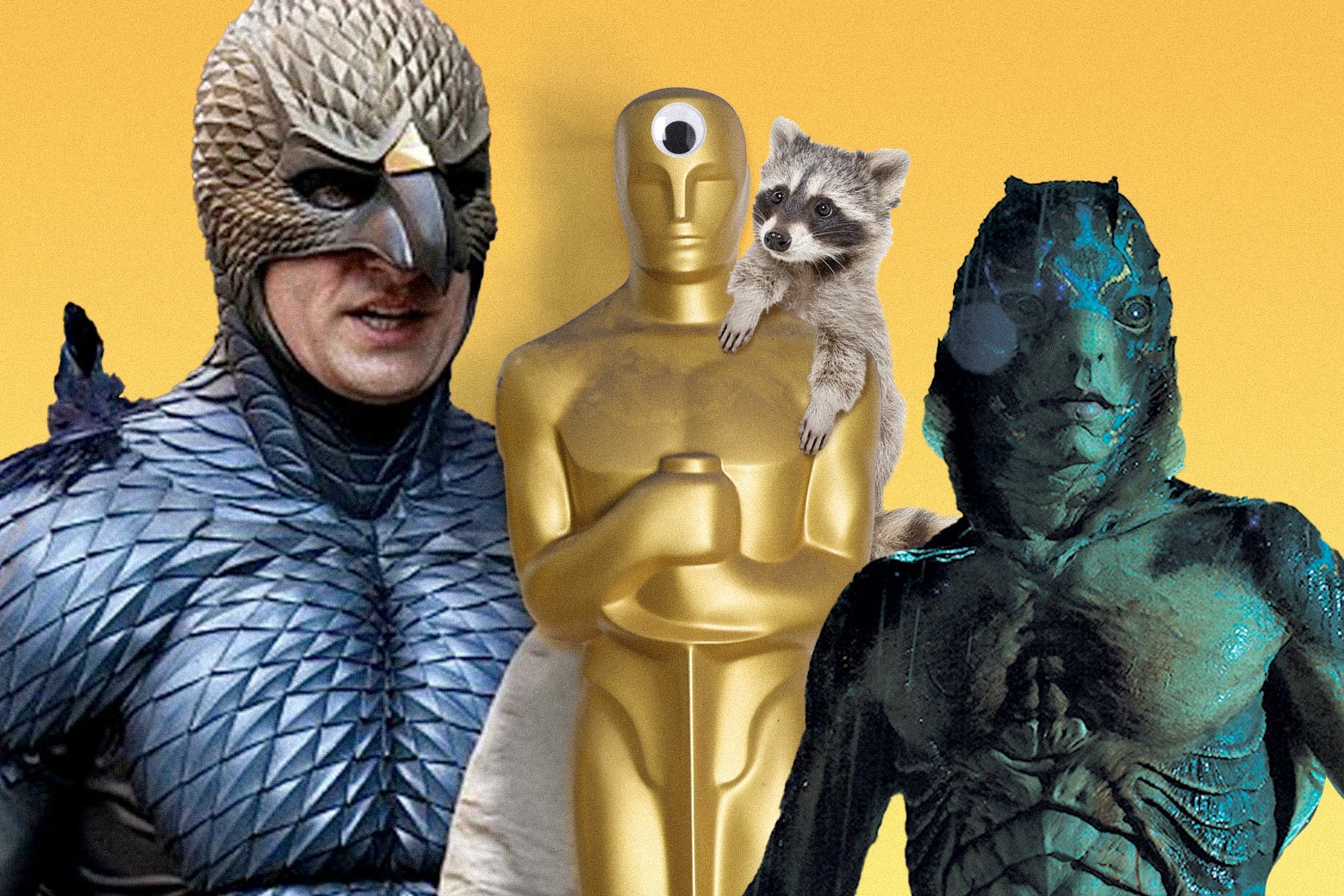 At the center, an Oscar with a googly eye on its head and a raccoon on its shoulder. On the left, the Birdman from Birdman. On the right, the fishman from The Shape of Water.